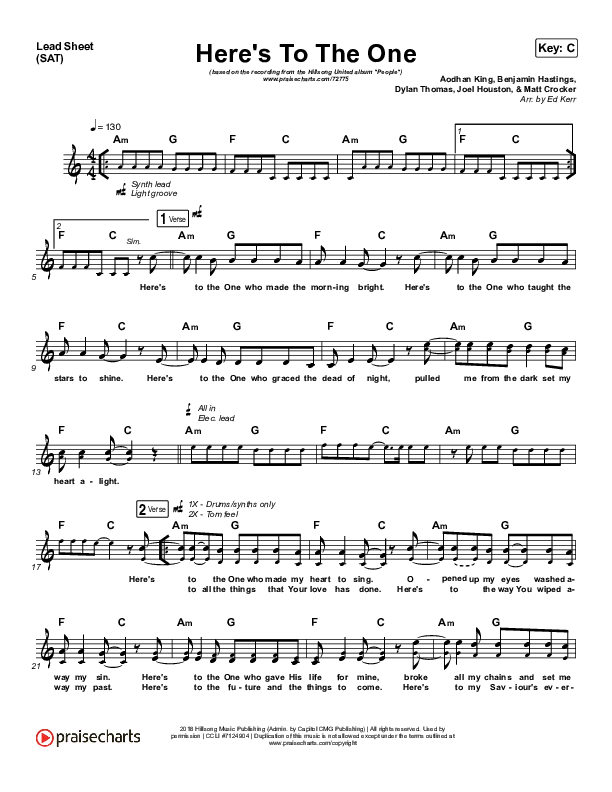 Here's To The One Lead Sheet (SAT) (Hillsong UNITED)