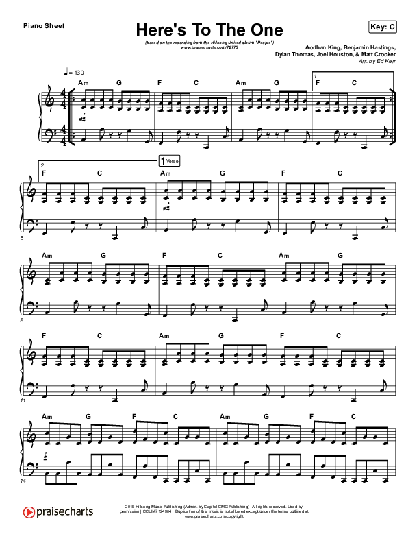 Here's To The One Piano Sheet (Hillsong UNITED)