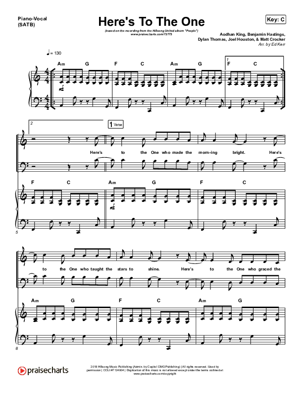Here's To The One Piano/Vocal (SATB) (Hillsong UNITED)
