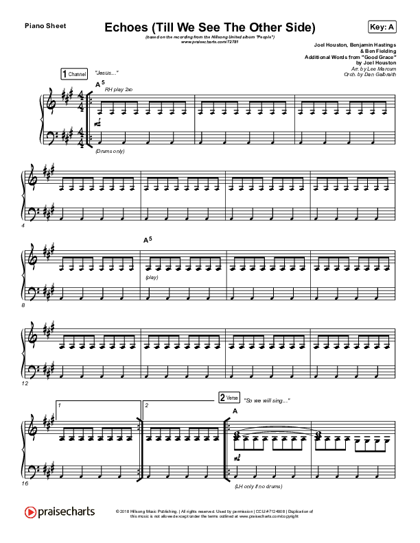 Echoes (Till We See The Other Side) Piano Sheet (Hillsong UNITED)