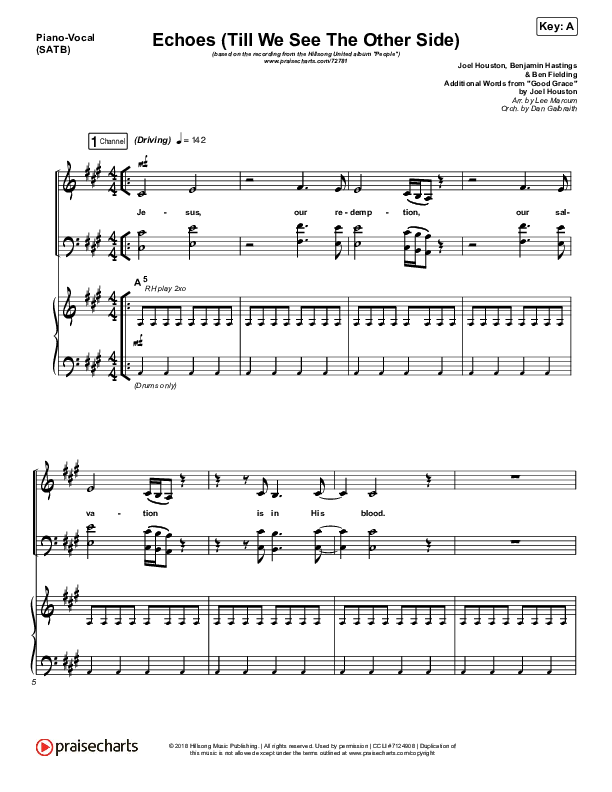 Echoes (Till We See The Other Side) Piano/Vocal (SATB) (Hillsong UNITED)