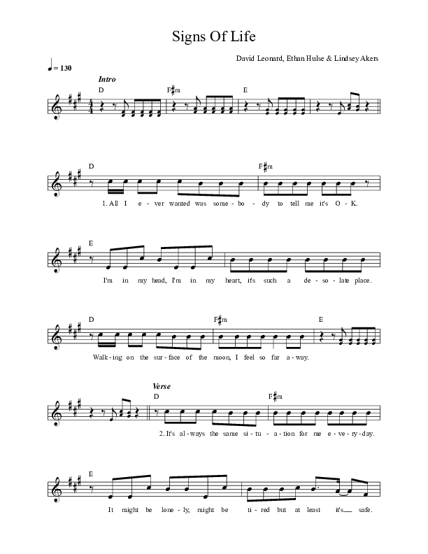 Signs Of Life Lead Sheet (David Leonard)