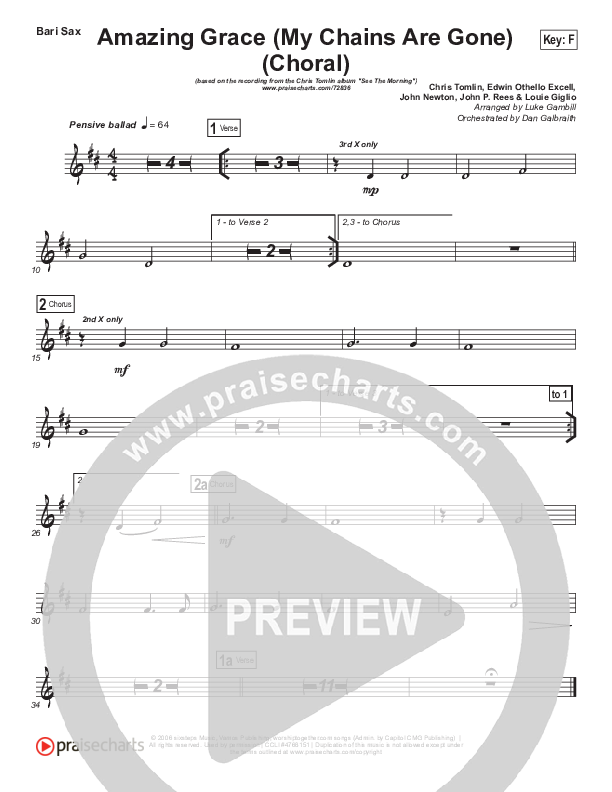 Amazing Grace (My Chains Are Gone) (Choral Anthem SATB) Bari Sax (Chris Tomlin / Arr. Luke Gambill)