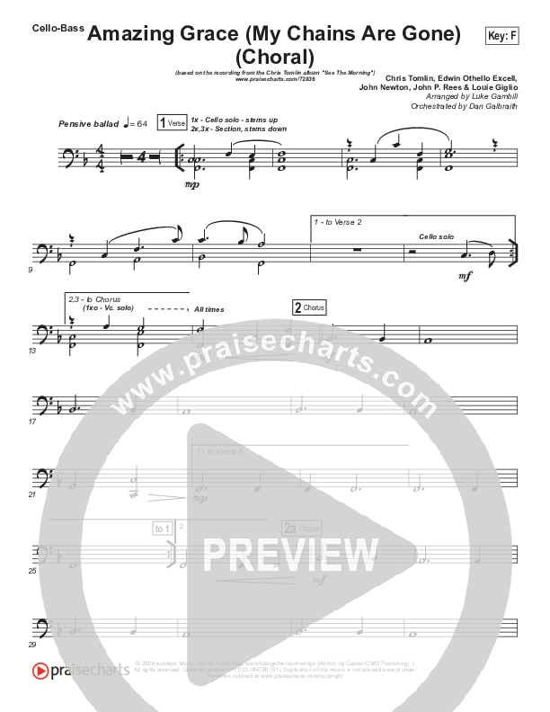 Amazing Grace (My Chains Are Gone) (Choral Anthem SATB) Cello/Bass (Chris Tomlin / Arr. Luke Gambill)