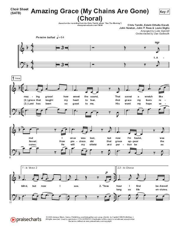 Amazing Grace (My Chains Are Gone) (Choral Anthem SATB) Choir Sheet (SATB) (Chris Tomlin / Arr. Luke Gambill)