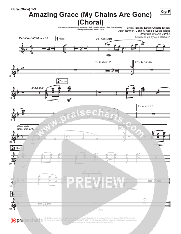 Amazing Grace (My Chains Are Gone) (Choral Anthem SATB) Flute/Oboe 1/2/3 (Chris Tomlin / Arr. Luke Gambill)