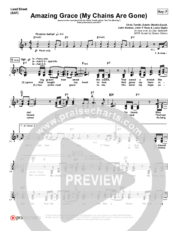 Amazing Grace (My Chains Are Gone) (Choral Anthem SATB) Lead Sheet (SAT) (Chris Tomlin / Arr. Luke Gambill)