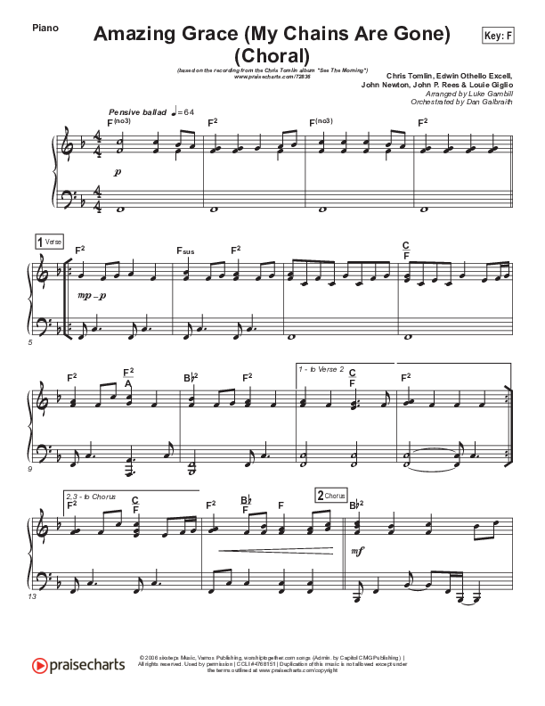 Amazing Grace (My Chains Are Gone) (Choral Anthem SATB) Piano Sheet (Chris Tomlin / Arr. Luke Gambill)