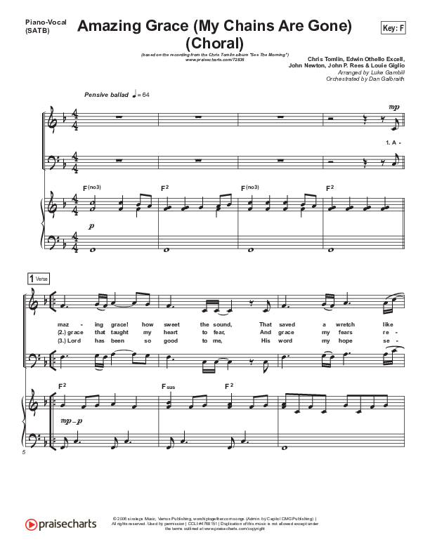 Amazing Grace (My Chains Are Gone) (Choral Anthem) Piano/Vocal Pack (Chris Tomlin / PraiseCharts Choral / Arr. Luke Gambill)