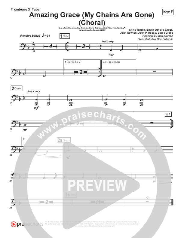 Amazing Grace (My Chains Are Gone) (Choral Anthem SATB) Trombone 3/Tuba (Chris Tomlin / Arr. Luke Gambill)