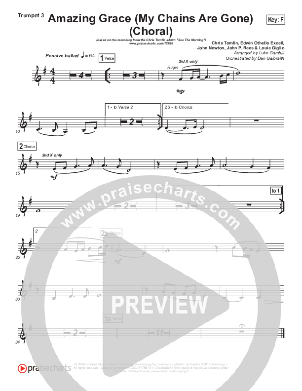 Amazing Grace (My Chains Are Gone) (Choral Anthem SATB) Trumpet 3 (Chris Tomlin / Arr. Luke Gambill)