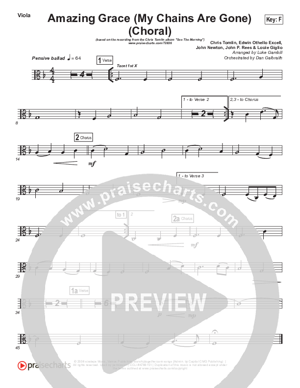 Amazing Grace (My Chains Are Gone) (Choral Anthem SATB) Viola (Chris Tomlin / Arr. Luke Gambill)