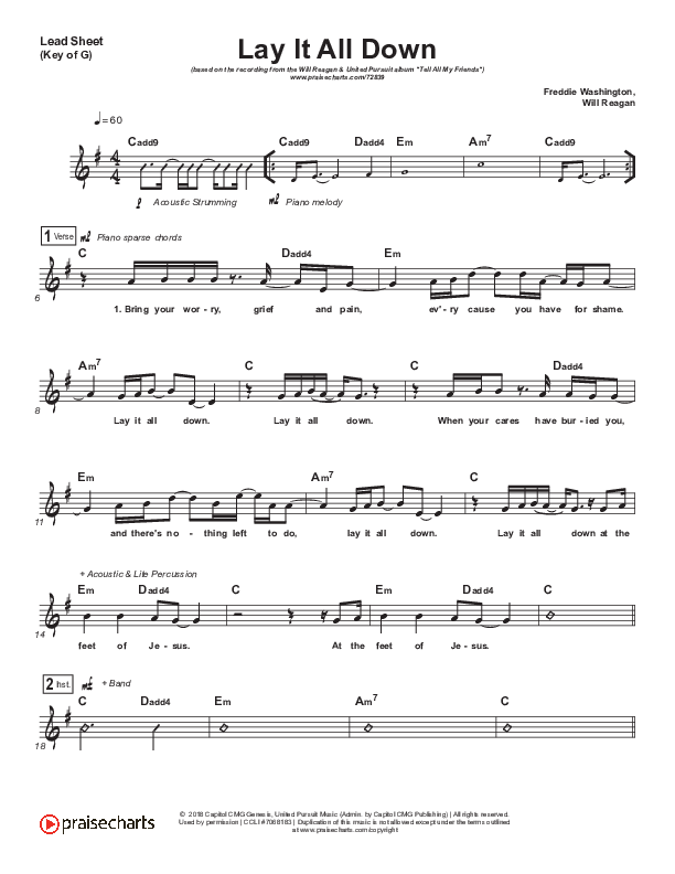 Lay It All Down (At The Feet Of Jesus) Lead Sheet (Melody) (Will Reagan / United Pursuit)