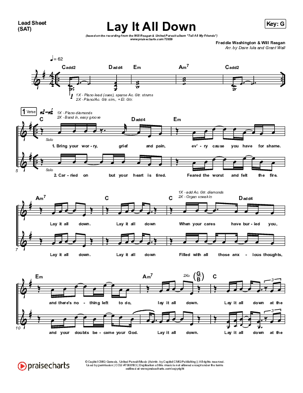 Lay It All Down (At The Feet Of Jesus) Lead Sheet (SAT) (Will Reagan / United Pursuit)