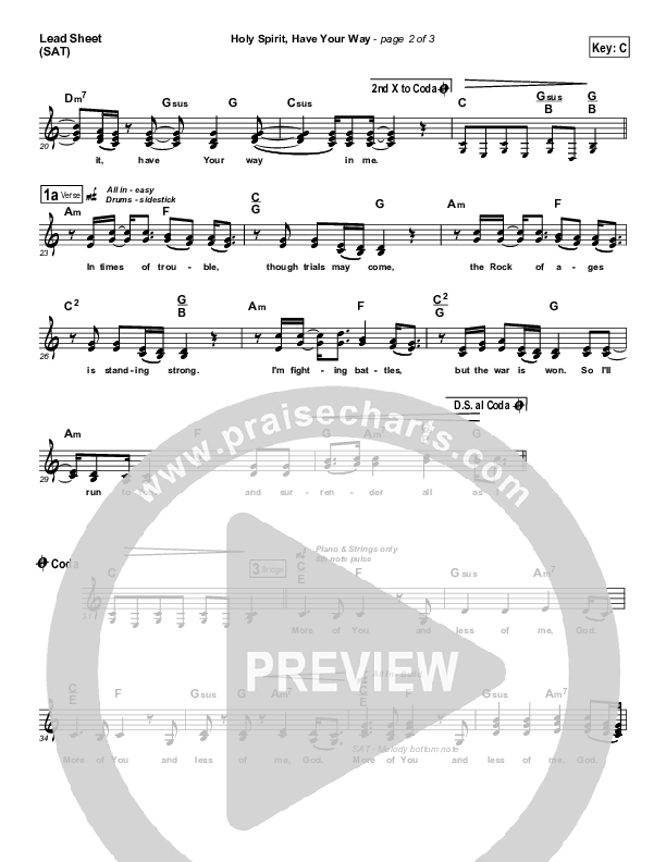 Holy Spirit Have Your Way Lead Sheet (Leeland)