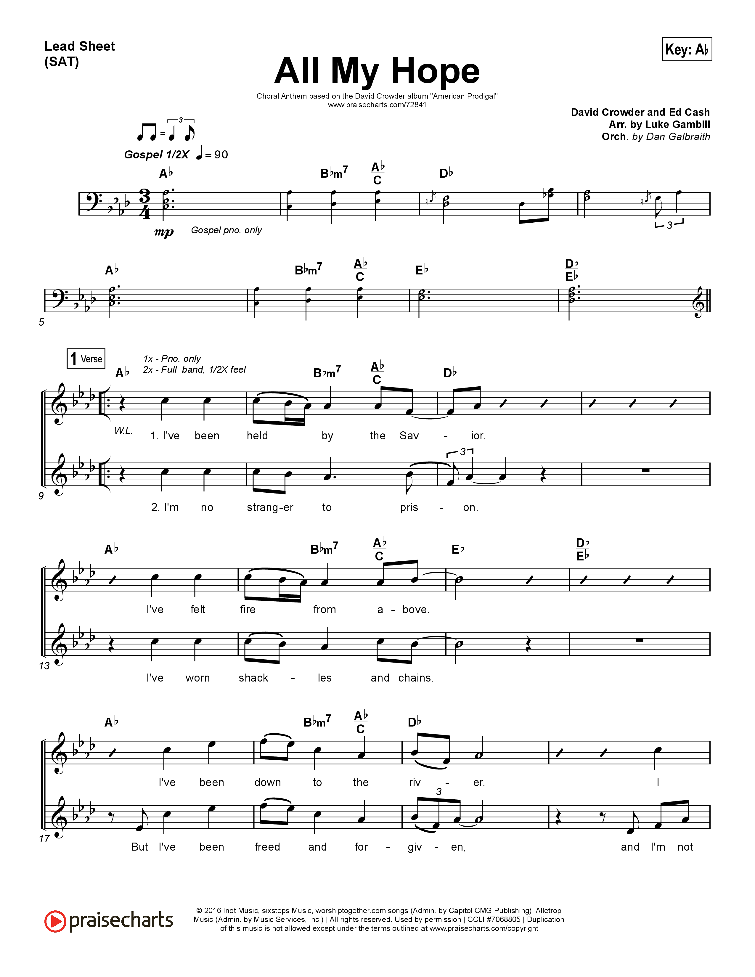 All My Hope (Choral Anthem SATB) Lead Sheet (SAT) (Crowder / Arr. Luke Gambill)