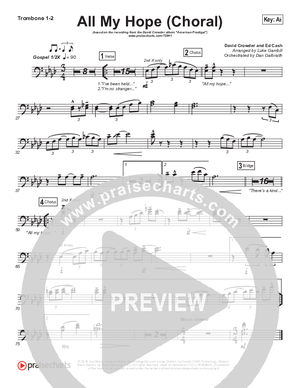 All My Hope (Choral Anthem SATB) Trombone 1/2 (Crowder / Arr. Luke Gambill)