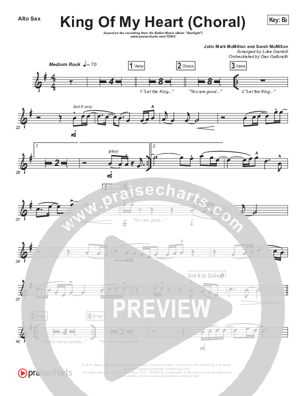 King Of My Heart (Choral Anthem SATB) Alto Sax (Bethel Music / Arr. Luke Gambill)