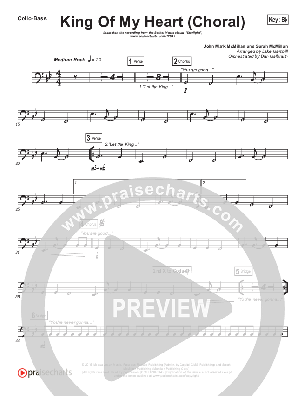 King Of My Heart (Choral Anthem SATB) Cello/Bass (Bethel Music / Arr. Luke Gambill)