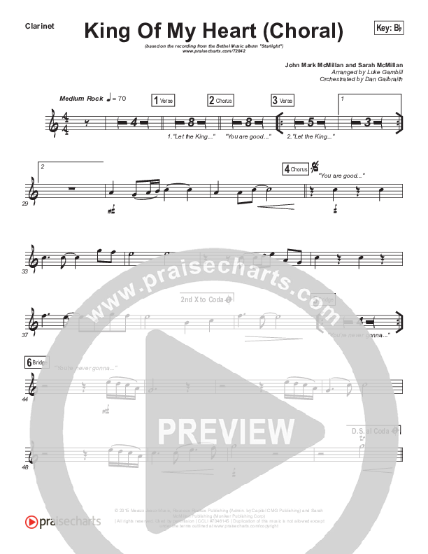 King Of My Heart (Choral Anthem SATB) Clarinet (Bethel Music / Arr. Luke Gambill)