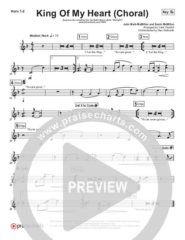 King Of My Heart (Choral Anthem SATB) French Horn 1/2 (Bethel Music / Arr. Luke Gambill)