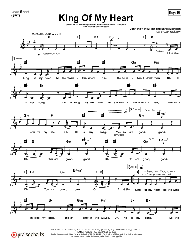King Of My Heart (Choral Anthem SATB) Lead Sheet (SAT) (Bethel Music / Arr. Luke Gambill)