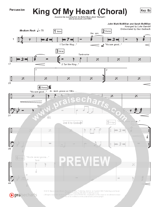 King Of My Heart (Choral Anthem SATB) Percussion (Bethel Music / Arr. Luke Gambill)