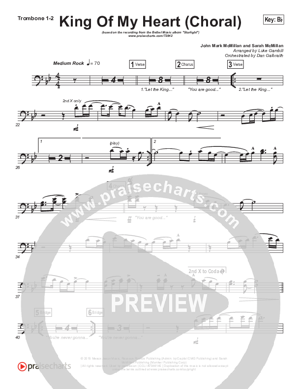 King Of My Heart (Choral Anthem SATB) Trombone 1/2 (Bethel Music / Arr. Luke Gambill)