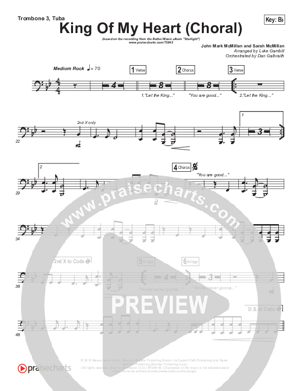 King Of My Heart (Choral Anthem SATB) Trombone 3/Tuba (Bethel Music / Arr. Luke Gambill)