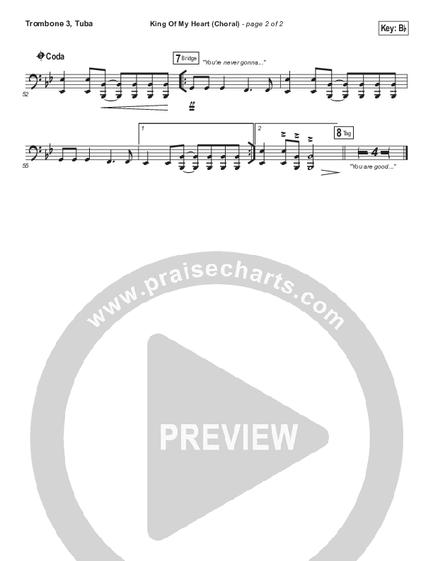 King Of My Heart (Choral Anthem SATB) Trombone 3/Tuba (Bethel Music / Arr. Luke Gambill)