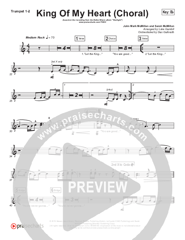 King Of My Heart (Choral Anthem SATB) Trumpet 1,2 (Bethel Music / Arr. Luke Gambill)