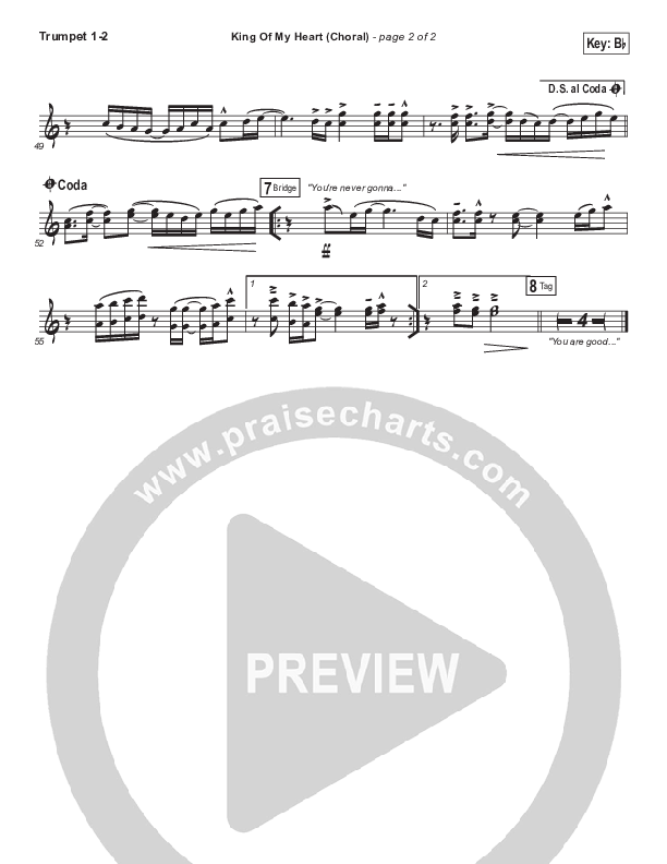 King Of My Heart (Choral Anthem SATB) Trumpet 1,2 (Bethel Music / Arr. Luke Gambill)
