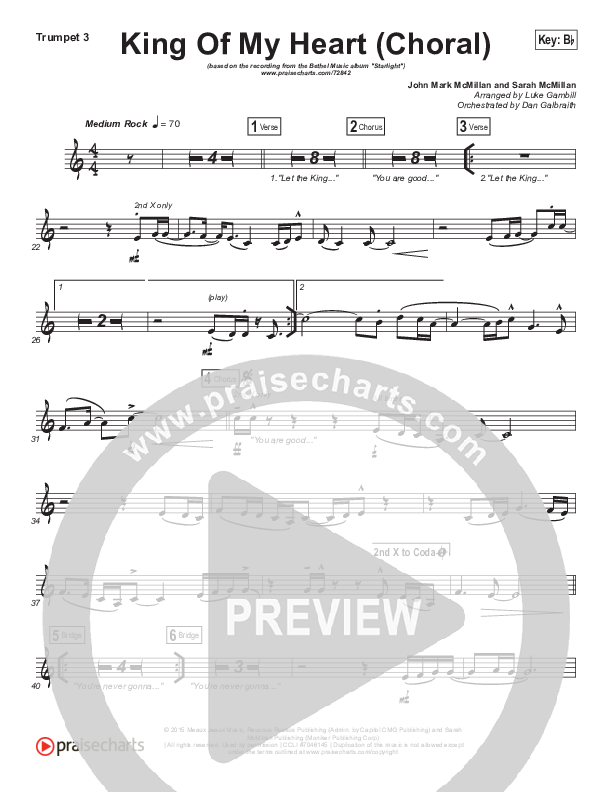 King Of My Heart (Choral Anthem SATB) Trumpet 3 (Bethel Music / Arr. Luke Gambill)