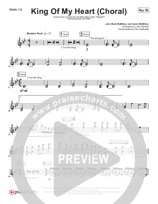 King Of My Heart (Choral Anthem SATB) Violin 1/2 (Bethel Music / Arr. Luke Gambill)