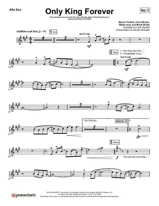 Only King Forever (Choral Anthem SATB) Alto Sax (Elevation Worship / Arr. Luke Gambill)