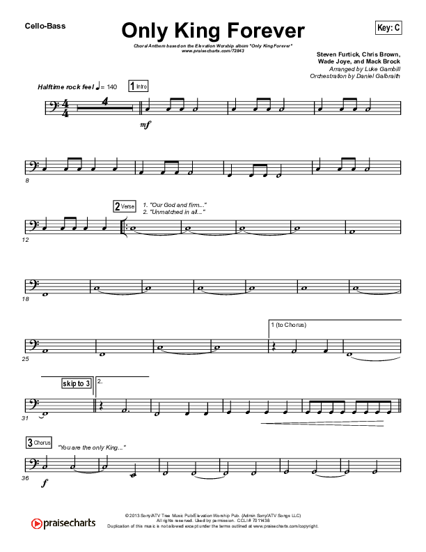 Only King Forever (Choral Anthem SATB) Cello/Bass (Elevation Worship / Arr. Luke Gambill)