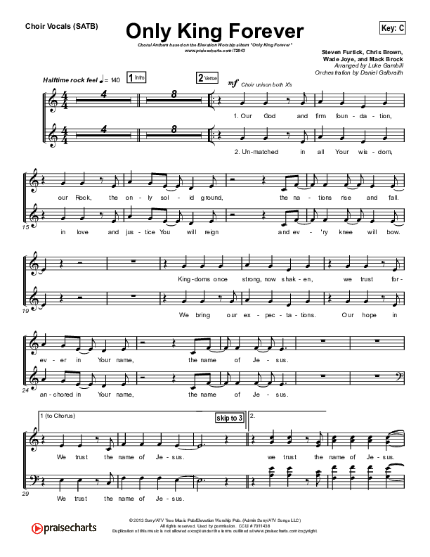 Only King Forever (Choral Anthem SATB) Choir Sheet (SATB) (Elevation Worship / Arr. Luke Gambill)