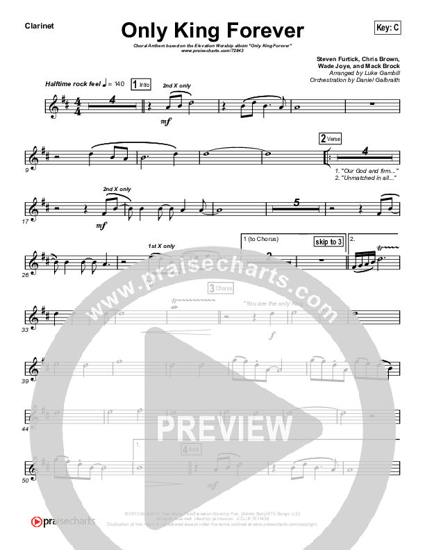 Only King Forever (Choral Anthem SATB) Clarinet (Elevation Worship / Arr. Luke Gambill)