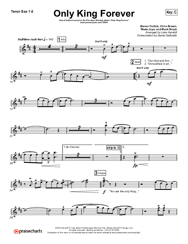 Only King Forever (Choral Anthem SATB) Tenor Sax 1/2 (Elevation Worship / Arr. Luke Gambill)