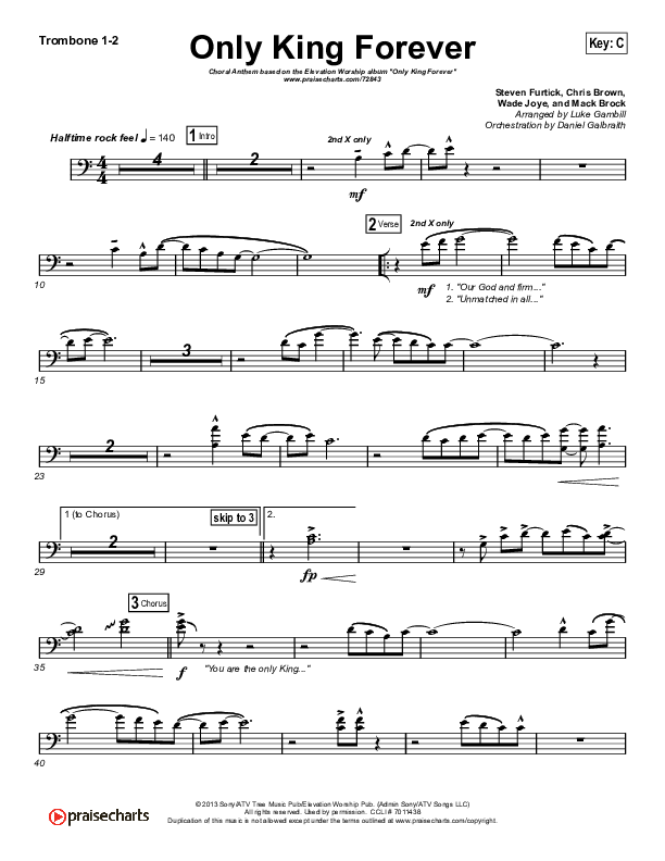Only King Forever (Choral Anthem SATB) Trombone 1/2 (Elevation Worship / Arr. Luke Gambill)