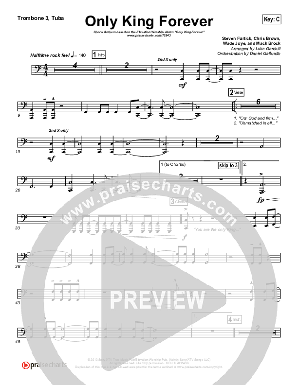 Only King Forever (Choral Anthem SATB) Trombone 3/Tuba (Elevation Worship / Arr. Luke Gambill)