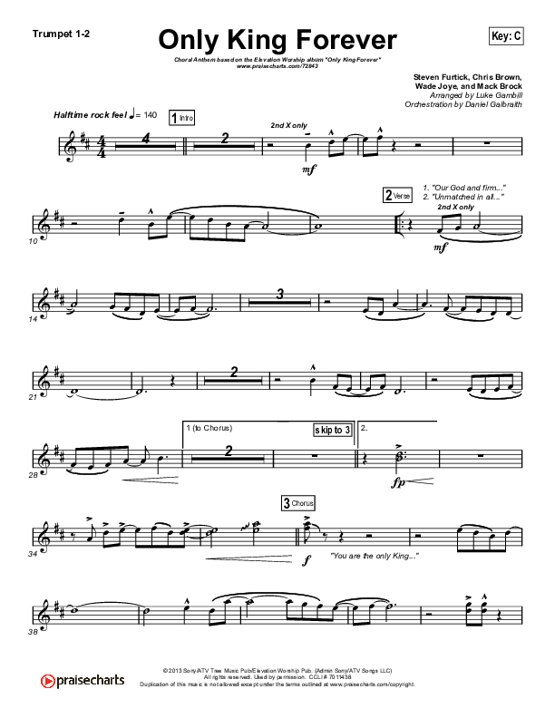 Only King Forever (Choral Anthem SATB) Trumpet 1,2 (Elevation Worship / Arr. Luke Gambill)