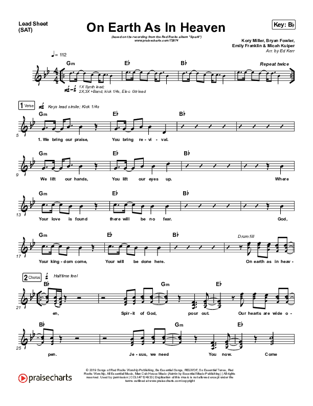 On Earth As In Heaven Lead Sheet (SAT) (Red Rocks Worship)