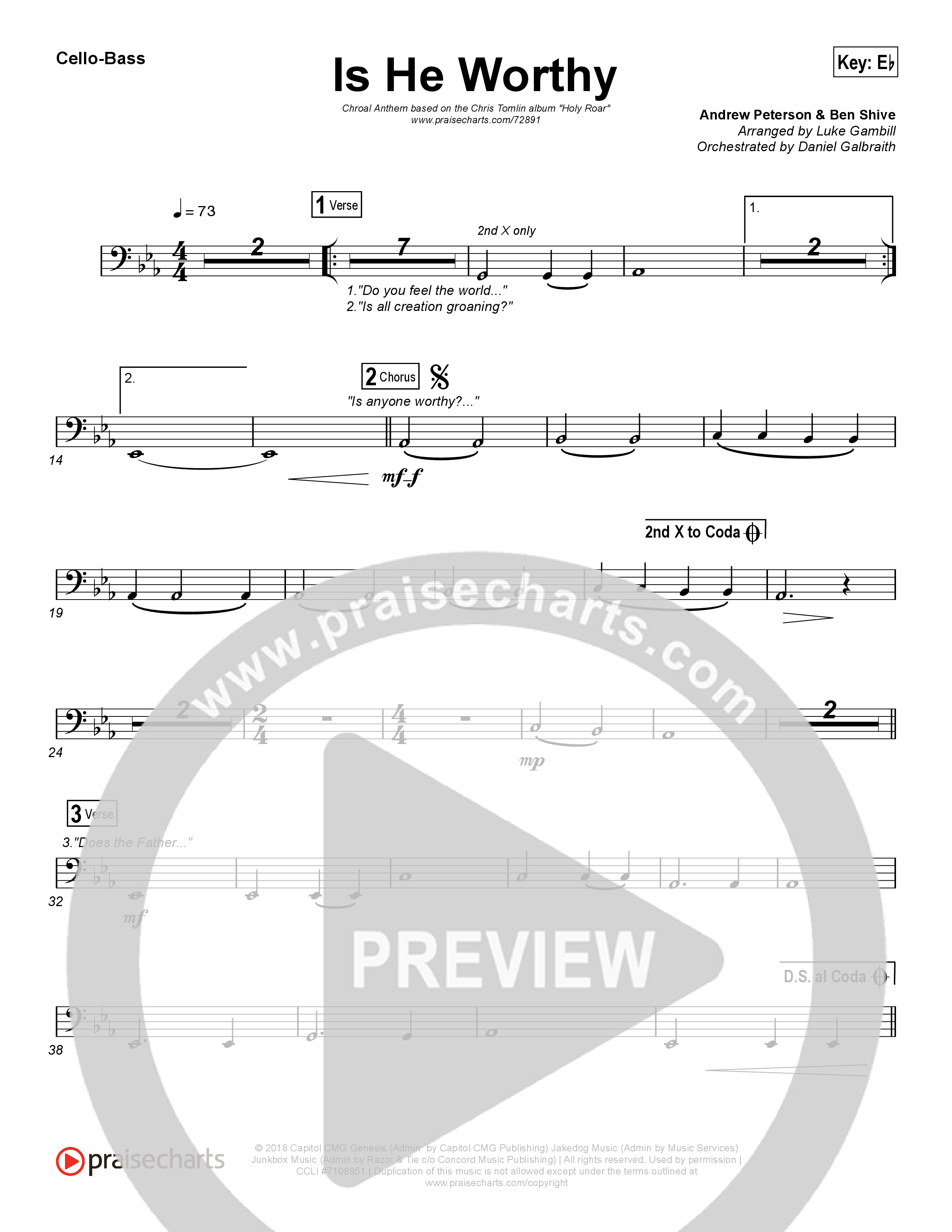 Is He Worthy (Choral Anthem SATB) Cello/Bass (Chris Tomlin / Arr. Luke Gambill)