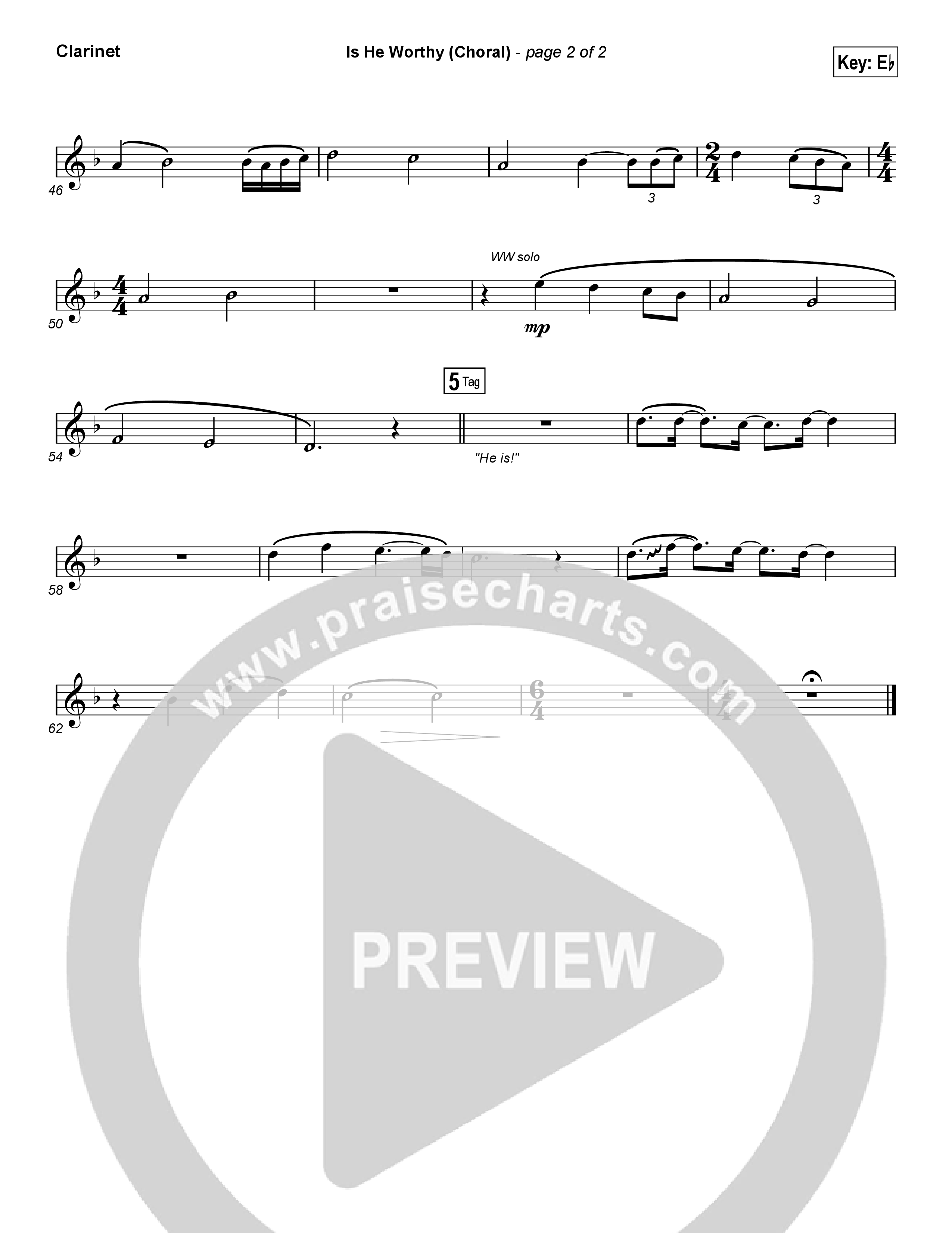 Is He Worthy (Choral Anthem SATB) Clarinet 1,2 (Chris Tomlin / Arr. Luke Gambill)