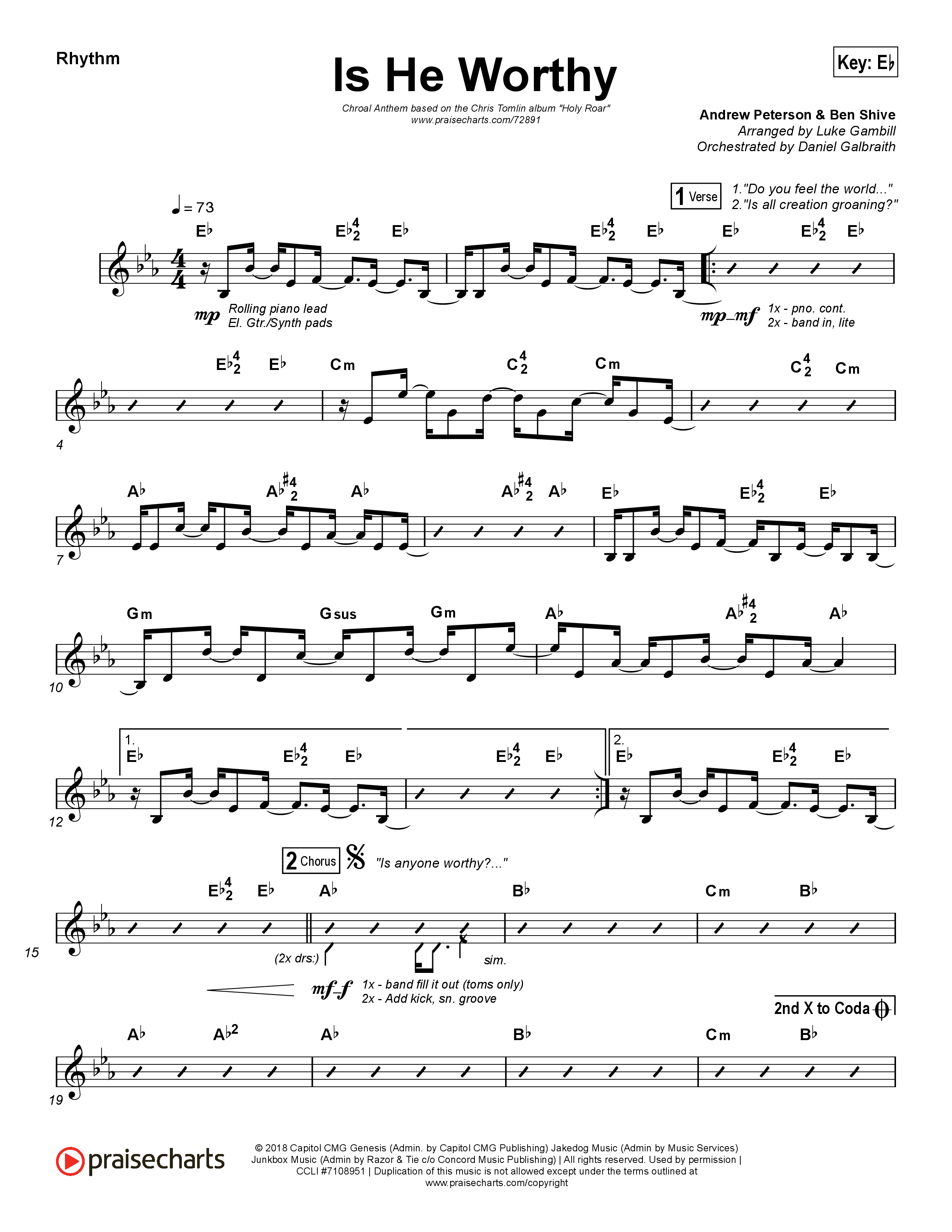 Is He Worthy (Choral Anthem SATB) Rhythm Chart (Chris Tomlin / Arr. Luke Gambill)