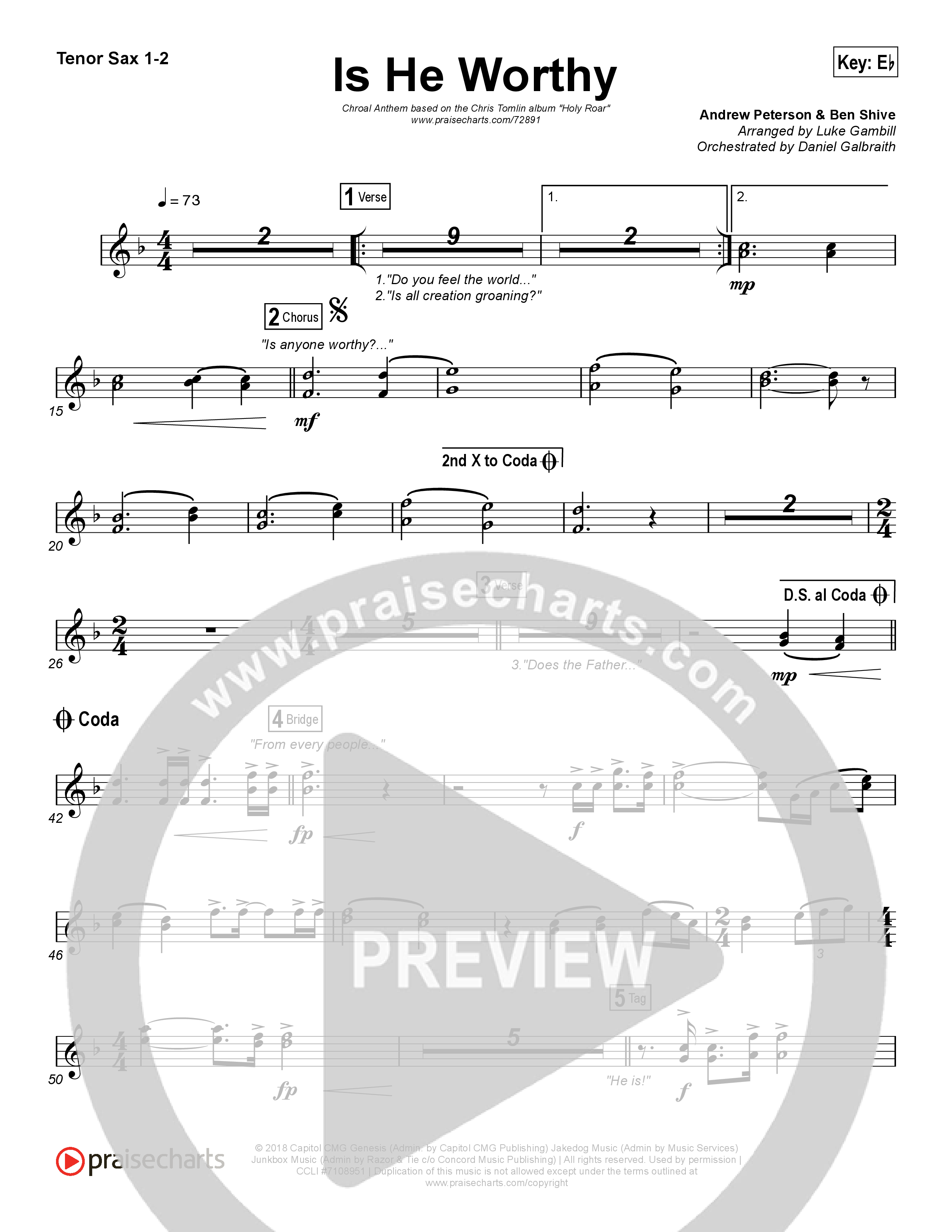 Is He Worthy (Choral Anthem SATB) Tenor Sax 1,2 (Chris Tomlin / Arr. Luke Gambill)