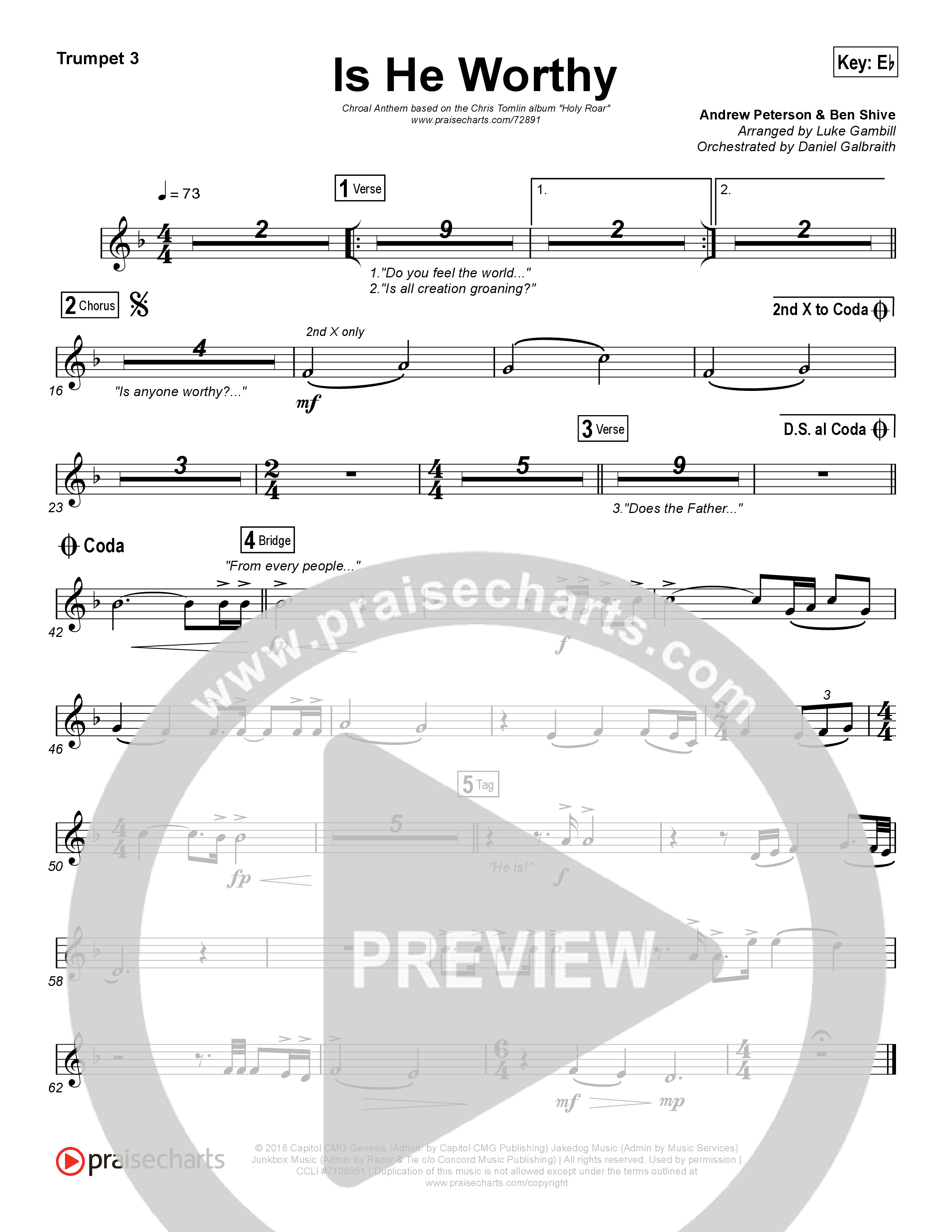 Is He Worthy (Choral Anthem SATB) Trumpet 3 (Chris Tomlin / Arr. Luke Gambill)