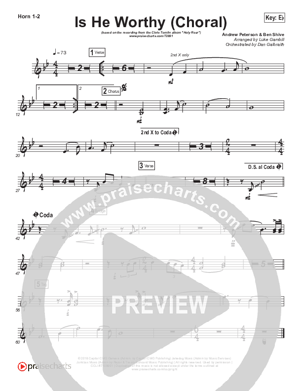 Is He Worthy (Choral Anthem SATB) French Horn 1,2 (Chris Tomlin / Arr. Luke Gambill)
