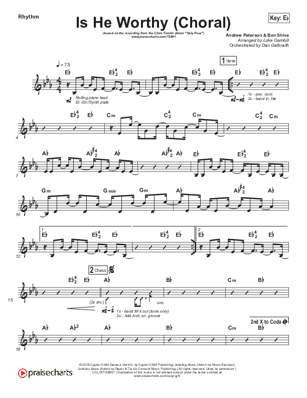 Is He Worthy (Choral Anthem SATB) Rhythm Chart (Chris Tomlin / Arr. Luke Gambill)